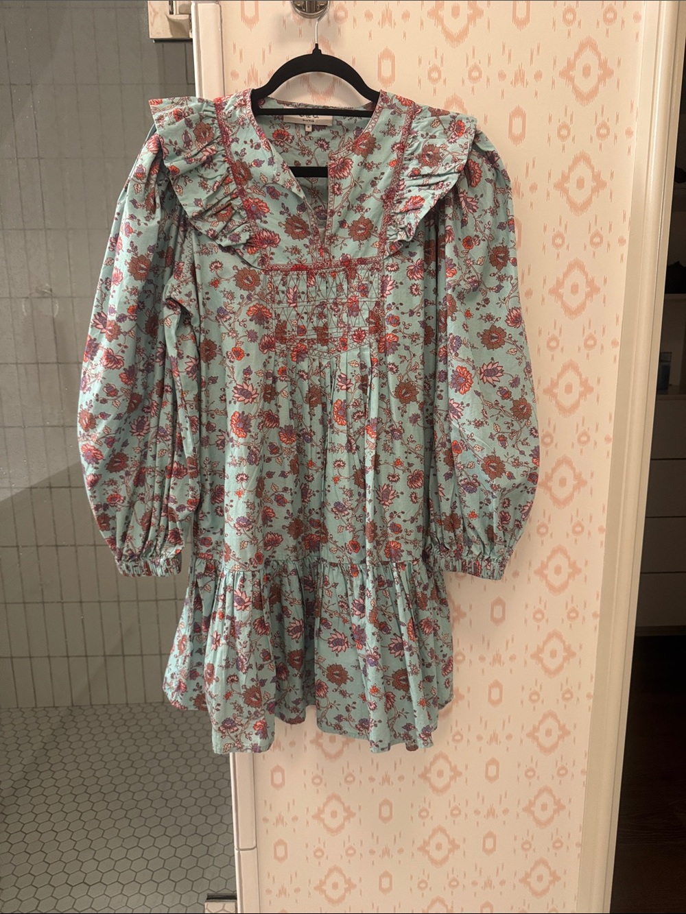 Sea New York Floral Puff-Sleeve Dress in Aqua and Rust